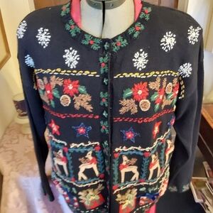 Vintage Reindeer Ramie/Cotton Sweater, Small Heirloom Collectibles Cardigan